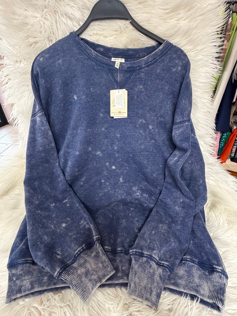 Self Esteem Juniors Mineral Wash Sweatshirt Dropped Sleeve Blue Depths- Size M
